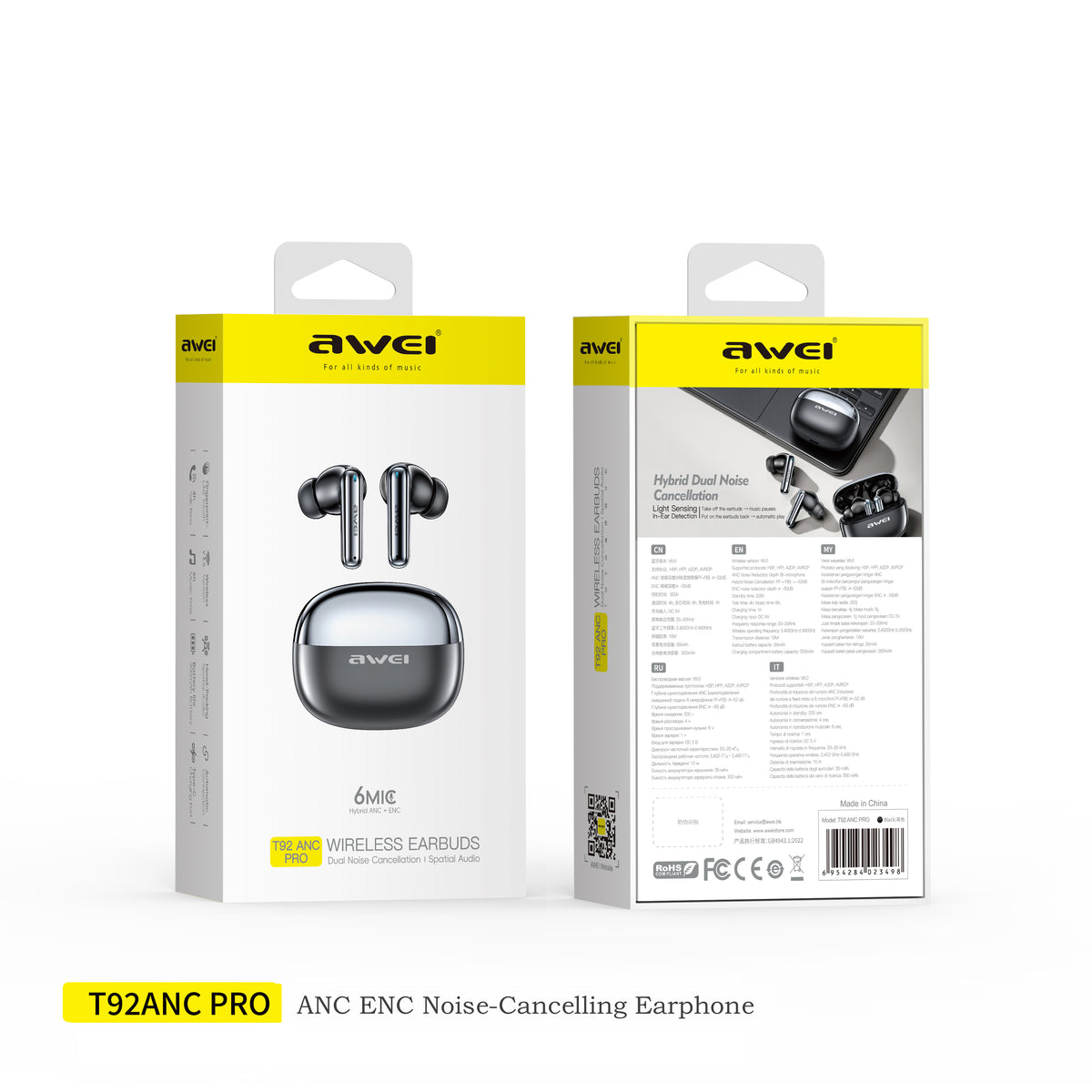 AWEI T92ANC Pro Earphone (Active Noise Cancellation,Clear Calls)
